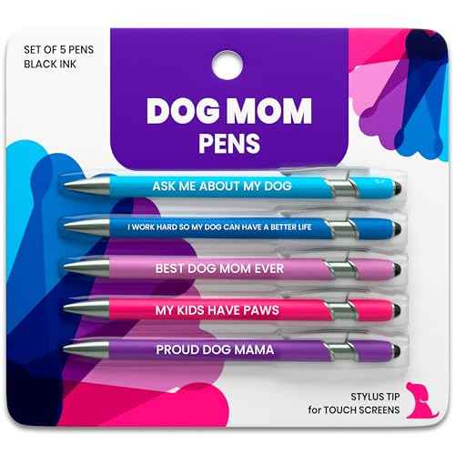 rubyloo Funny Dog Mom Gift Pen Set ? 5 Black Ink Ballpoint Pens with Stylus Tips & Quality Metal Barrels with Hilarious Doggy Quotes ? Cute Dog Mom Gift for Women for Christmas, Stockings, Birthdays