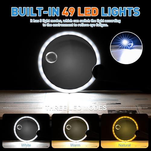 Rechargeable Magnifying Glass with Light 30X 40X 60X - Large 5.2-Inch, Black