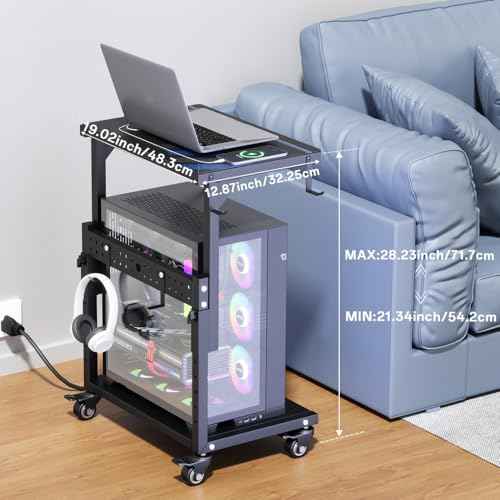 Computer Tower Stand with Power Outlet, 6 Level Height Ajustable PC Tower Stand for Floor, Mobile Rolling CPU Holder Cart for Gaming, Office, Home, 21.34"-28.3", Black
