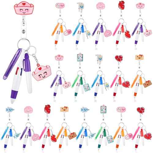 Henoyso 108 Nurse Badge Reel Pens Mini Highlighter Pens Bulk Pediatric Nursing Week Appreciation Gifts Accessories Retractable for CNA Medical Health Hospital Women Graduation (Classic)