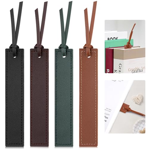 4 Pcs Leather Bookmark, Classic Stitched Bookmark with Leather Rope, Bookmarks for Men, Handmade Stitched Book Marks Page Markers for Book Reader Teachers Students School Office