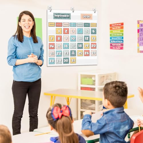 EAMAY White Classroom Monthly Calendar Pocket Chart for 2.75x2.75 Cards - Homeschool & Classroom Organizer