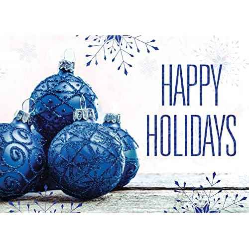 Happy Holidays Cards for Business & Family (Blue Ornaments & Snowflakes) Bulk Greeting Card Set Pack of 25 Christmas Cards with Envelopes (5-5/8 x 7-7/8 inch) Office, Work, Employees & Clients H1712