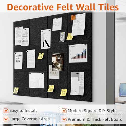 Felt Cork Board for Wall: Extra Large Bulletin Board for Office - 0.35 Inch Thick Corkboard Tiles 12PCS Black Pin Board Squares Adhesive