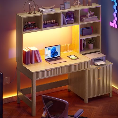 YITAHOME Computer Desk with Hutch and Drawers - Natural Oak