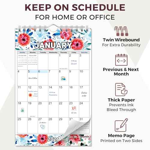 CRANBURY Small Wall Calendar 2025-2026, 5.5x8.5 (Floral), Mini Monthly Hanging Calendar for Bulletin Board, or Notepad Desk Planner, 14 Months Nov 2025-Dec 2026, Includes Stickers