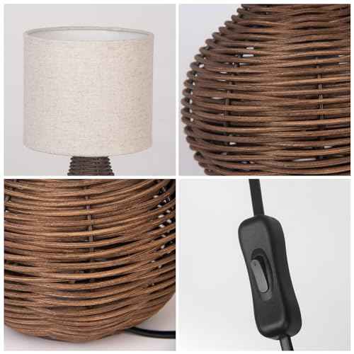 Rattan Table Lamp, Decorative Nature Table Lamp with E12 Socket, Beige Linen Lampshade, Retro Lamp for Living Room, Children's Room, Bedroom Decoration