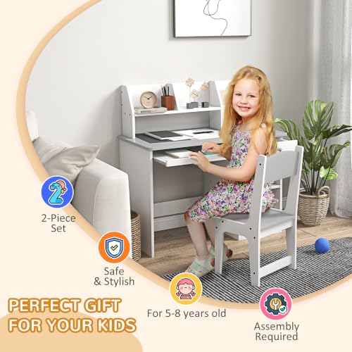 Qaba Grey Kids Desk and Chair Set with Storage, 5-8 Years