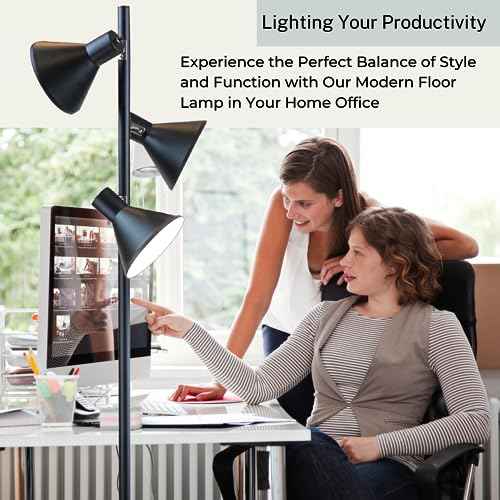 LIGHTACCENTS Black Tree Floor Lamp with 3 Adjustable Lights ? Modern Standing Lamp, Adjustable Black Lamp Shades, Pole Light for Living Room, Bedroom, and Office