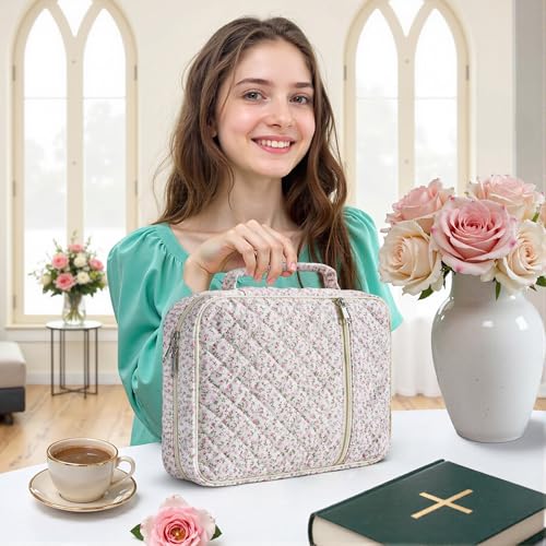 Pink Floral Bible Cover Case for Women - Quilted Large Tote Organizer for Girls & Teens