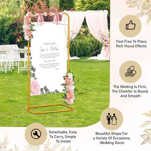 FACULX Wedding Welcome Sign Holder, Welcome To Our Wedding Sign Stand with Satin Ribbon and Bundle, Heavy Duty Easel Stand for Sign, 59x33x13.7 Metal Floor Standing Easels for Signs, Poster - Gold