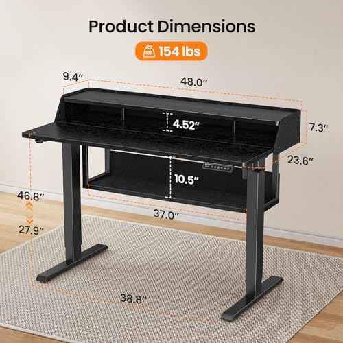 ErGear Standing Desk, 48" x 24" Electric Height Adjustable Desk with Storage Shelves, C-Clamp Mount Compatible Gaming Desk, Ergonomic Sit Stand Up Down Computer Table with LED Light for Home, Black