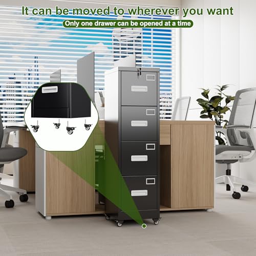 Aobabo Black 4-Drawer Metal File Cabinet with Lock & Wheels, Office Storage
