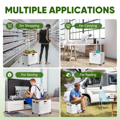 Dkenicor White Folding Utility Cart – 65L Portable Rolling Cart with 4 Swivel Wheels