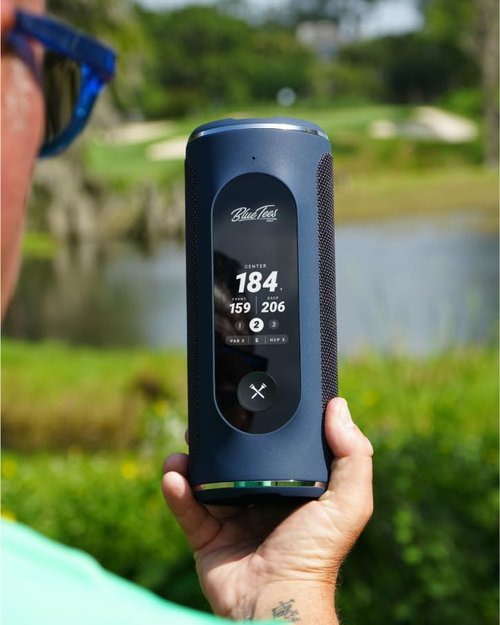 Blue Tees Golf Player+ GPS Speaker with Touch Screen Display, 10+ Hours Battery, 40,000+ Courses, Visual + Audible Distance, Hazard Distance - IPX7 Waterproof (Black)