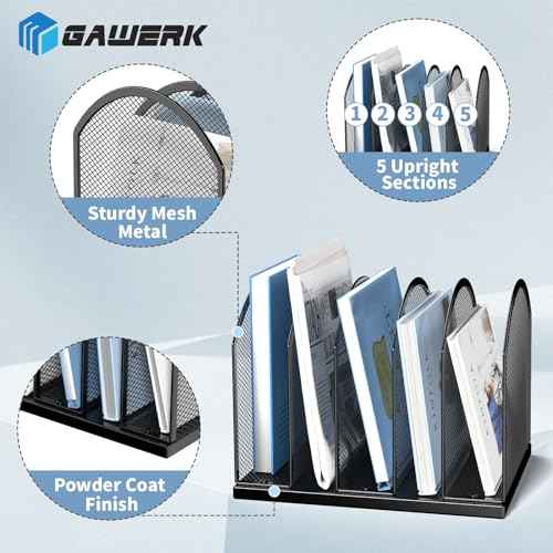 5-Section Vertical Desktop Organizer, 5-Section Mesh File Folder Stand Sorter for Office Home Classroom Organization (1, Black)