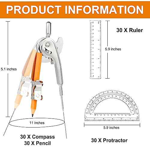 120 Pieces Geometry Math Set Compass for Geometry Math Compass and Protractor Set Include Metal Compass with Pencil Plastic Ruler and Protractor for Student School Office Woodworking Drawing Tools