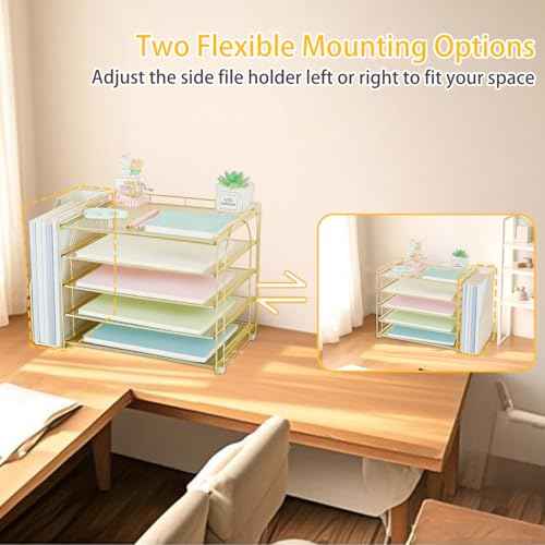 AUPSEN Gold Desk Accessories Organizer,5-Tier Letter Tray Paper Organizer with Adjustable File Holder, Desktop Office Desk Accessories for Office Supplies