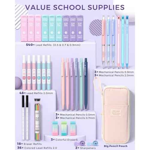 Four Candies 36PCS Aesthetic School Supplies, Mechanical Pencils 0.5mm, 0.7mm, 0.9mm & 2.0mm with 624PCS Lead Refills, Cute Mechanical Pencils for Writing, Drawing & Drafting (Pink)