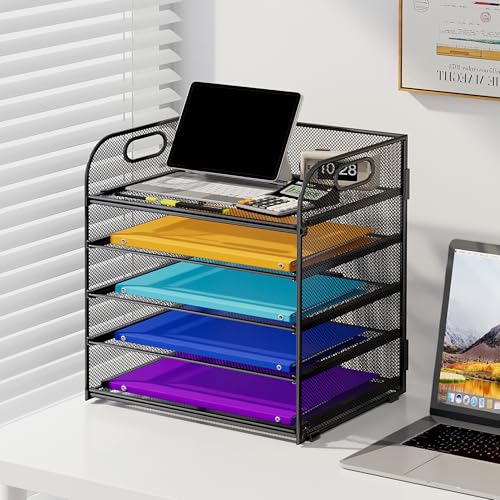 Cawukege Black 5-Tier Mesh Paper Organizer with Handle for Desk, Office & Classroom