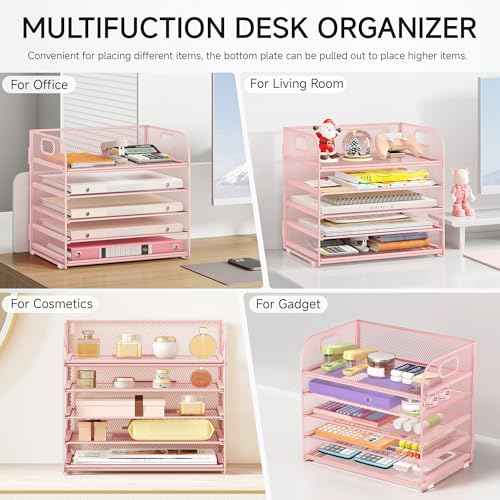 5 Tray Paper Organizer Letter Tray with Handle - Mesh Desk File Organizer, Paper Sorter Organizer for Office, Home or School File Folder Holder - Pink