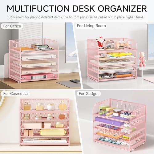 Lavatino 5-Tier Pink Mesh Letter Tray Organizer with Handles - Desktop File Storage
