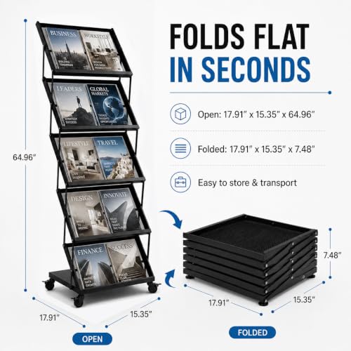 Foldable Floor Standing Magazine & Brochure Display Rack with Wheels, 5 Tiers