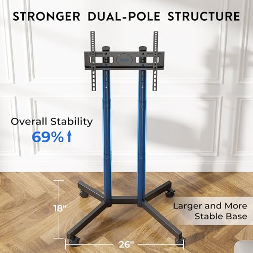 BONTEC Rolling TV Stand for 32-70 Inch TVs, Height Adjustable Mobile TV Cart on Wheels, Heavy Duty TV Stand Supports Up to 110lbs, Stable Dual-Column Design, Cable Management, Indoor, Outdoor