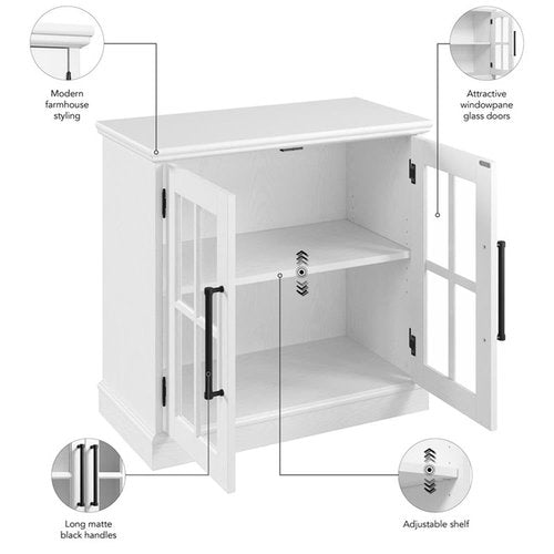 Bush Furniture Westbrook 32W Storage Cabinet with Glass Doors in White Ash | Versatile Storage for Home Office and Living Room