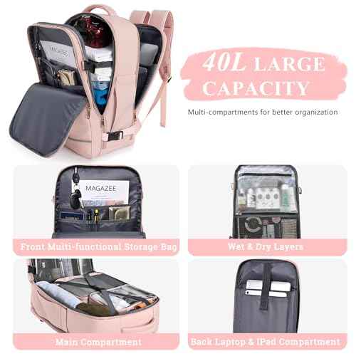 Large Travel Backpack for Women, 40L Travel Bag Personal Item Size, Laptop Backpacks, Waterproof Carry On Backpack with Packing Cubes for College Business Hiking Work Essentials, Pink