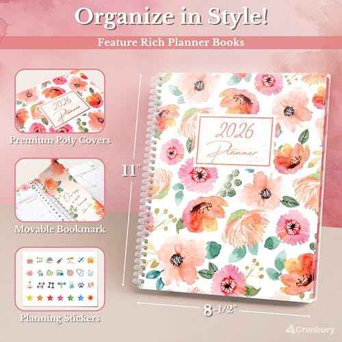 CRANBURY Large Planner 2026, 8.5x11 Weekly Monthly Calendar Agenda, Jan to Dec 2026 Daily Organizer, Floral Theme, Spiral Bound Planner with Tabs, Bookmark, Stickers, Lays Flat