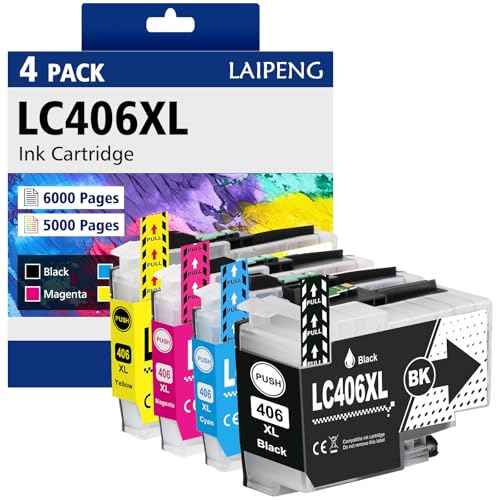 LC406XL LC406 Ink Cartridges High Yield Compatible for MFC-J4335DW MFC-J4345DW MFC-J4535DW MFC-J5855DW MFC-J6555DW MFC-J6955DW Printer (4-Pack, BK/C/M/Y)