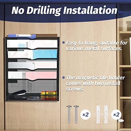 6-Tier Magnetic File Holder, Large Capacity File Cabinet Organizer, No-Drill Mount Hanging Magnetic Paper Holder for File Cabinets, Office, Whiteboard, Magnetic Mail Holder, Black