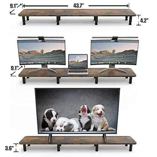 Dual Monitor Stand - 43.7 inch Extra Long Wide TV Stand - Wood & Steel Leg Desktop Riser - Desk Organization - Home Office (Vintage)