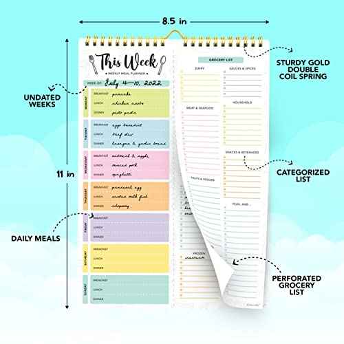 Decorably 52 Sheets Pastel Undated Weekly Meal Planner and Grocery List with Strong Magnets, 8.5x11in Spring-Bound Magnetic Meal Planning Notepad, Weekly Menu Planner Pad