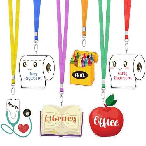 6 Sets Acrylic Back to School Hall Pass Lanyards Unbreakable School Passes Set for Teachers Cute Classroom Passes for Bathroom, Office, Library and Nurse Classroom Supplies(Cute)