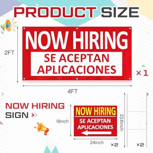 1 Pcs 2 x 4 ft Now Hiring Banner and 2 Pcs 18 x 24 Inch Now Hiring Yard Sign with Stakes Se Aceptan Aplicaciones English and Spanish Bilingual Signage Outdoor Indoor for Business and Stores