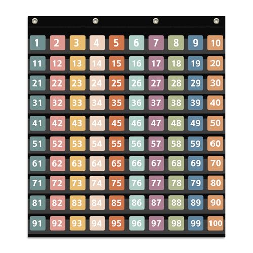 Hundred Pocket Chart with 100 Pockets and 150 Pieces Boho Double-Sided Number Cards,Number 1-100 Pocket Chart for Kids Classroom Home Counting and Organizer (Black-100 Pockets)