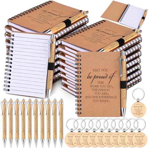 60 Pcs Employee Appreciation Gifts Inspirational Spiral Notebooks Wooden Thank You Keychains Bulk Encouragement Bamboo Ballpoint Pens for Coworkers Nurse Teacher(Classic Style)