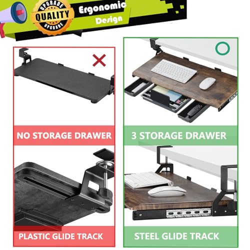 ETHU Keyboard Tray Under Desk, Pull Out Keyboard & Mouse Tray with C-clamp, Ergonomic Desk Keyboard Tray Slide Out, Pull Out Platform Drawer for Home and Office(Wood)
