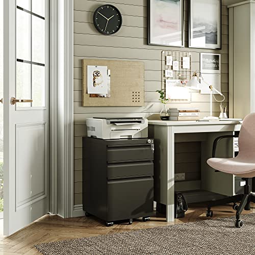 DEVAISE Black 3-Drawer Mobile File Cabinet with Lock - 17"D x 15"W x 24"H, Under Desk Office Storage