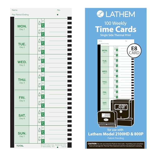 Lathem Weekly Employee Time Card Pack 8 1/2 x 3 3/4 Inches, 100 Count - Durable Thermal Timecards for Time Clocks