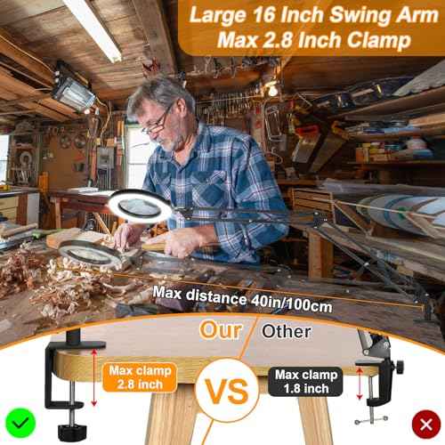 10X Large Magnifying Glass with Light and Stand, 2 x 16 Inch Adjustable Swivel Arm LED Desk Lamp with Clamp, 5 Color Modes Stepless Dimmable, Lighted Magnifier Hands Free for Close Work, Hobby