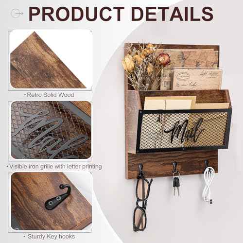 Farmhouse Mail Organizer Wall Mounted Rustic Mail Holder Hanging Key Sorter with 3 Hooks Indoor Wooden Wall Mounted, Letter, Magazines, Newspapers, Keys(Brown)