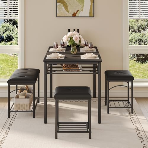 GarveeHome 4-Person Dining Table Set with Upholstered Benches, Black for 4