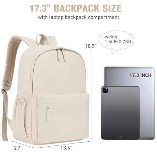 Backpack for Teen Girls Large Middle-School Primary Elementary Students Bookbag 18.5 inch Laptop Bag for Women Lightweight Casual Daypack (Beige)