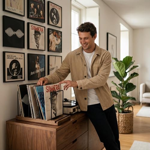 Wooden Vinyl Record Storage Rack for Up to 75 LPs - Decorative Record Holder