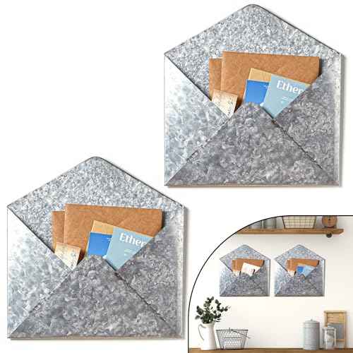 2 Pcs Galvanized Metal Envelope, Wall Mail Organizer Holder Mounted Rustic Wall Holder Farmhouse Pocket for Storage Mail Postcards Letters Bills Home and Office Decor