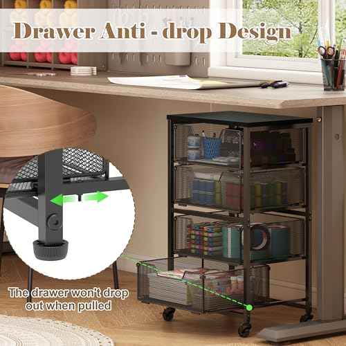 Rolling Cart with Drawers, 4-Drawer Storage Cart on Wheels with Wooden Top, Metal Utility Cart with Storage Drawers, Craft Storage Art Cart for Classroom, Office, Kitchen, Bedroom