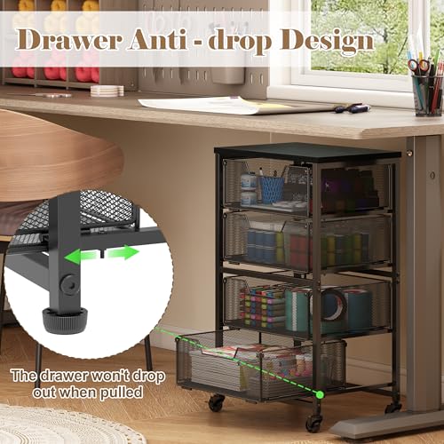 Aokitsink Black 4-Drawer Rolling Storage Cart with Wooden Top, Heavy-Duty Metal Frame